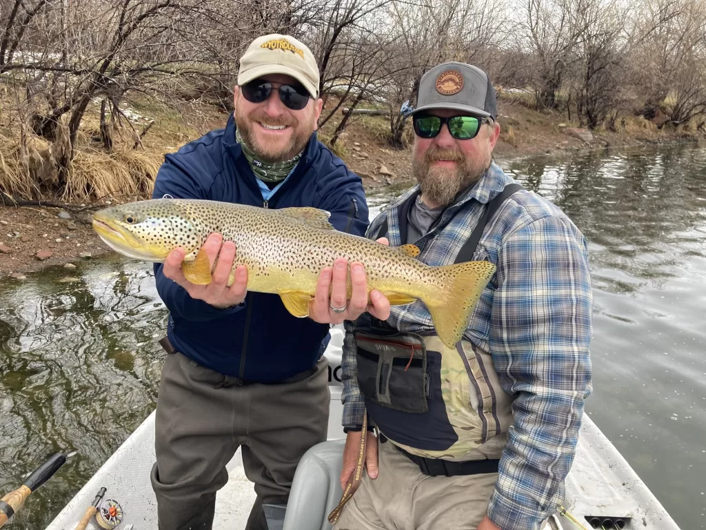 Fly fishing guide helping client land a brown trout in Wyoming